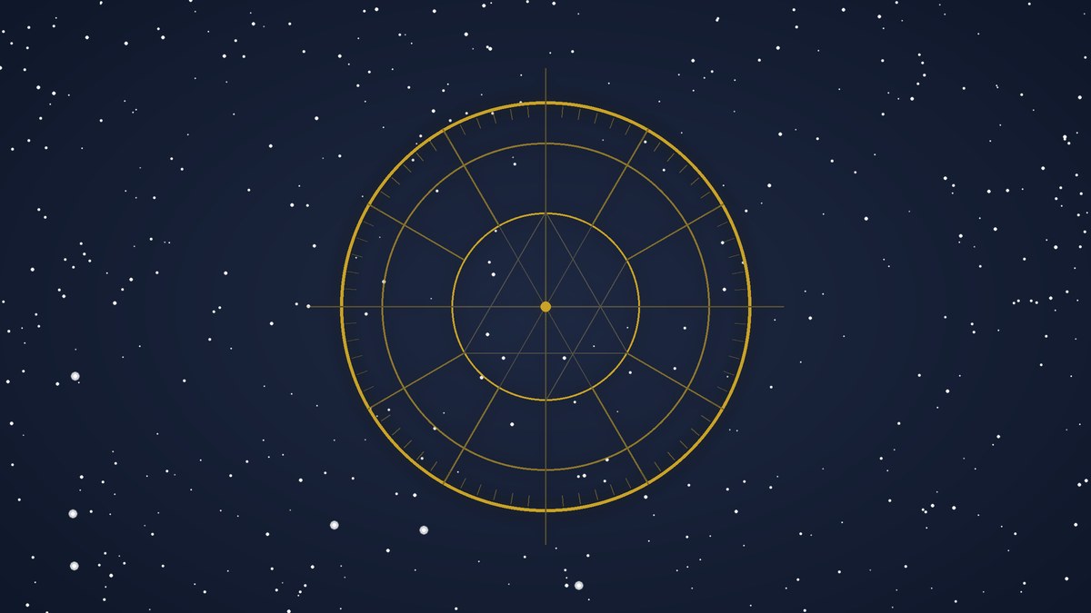 Rueda de carta astral dorada sobre cielo estrellado